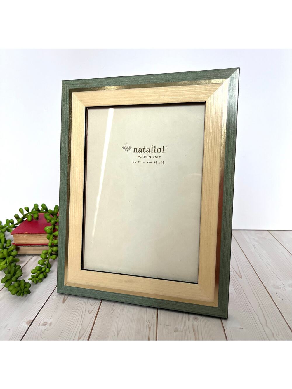 Natalini Italian Picture Frame Natural & Gray Green Wood Tones Gold Accents 5x7"